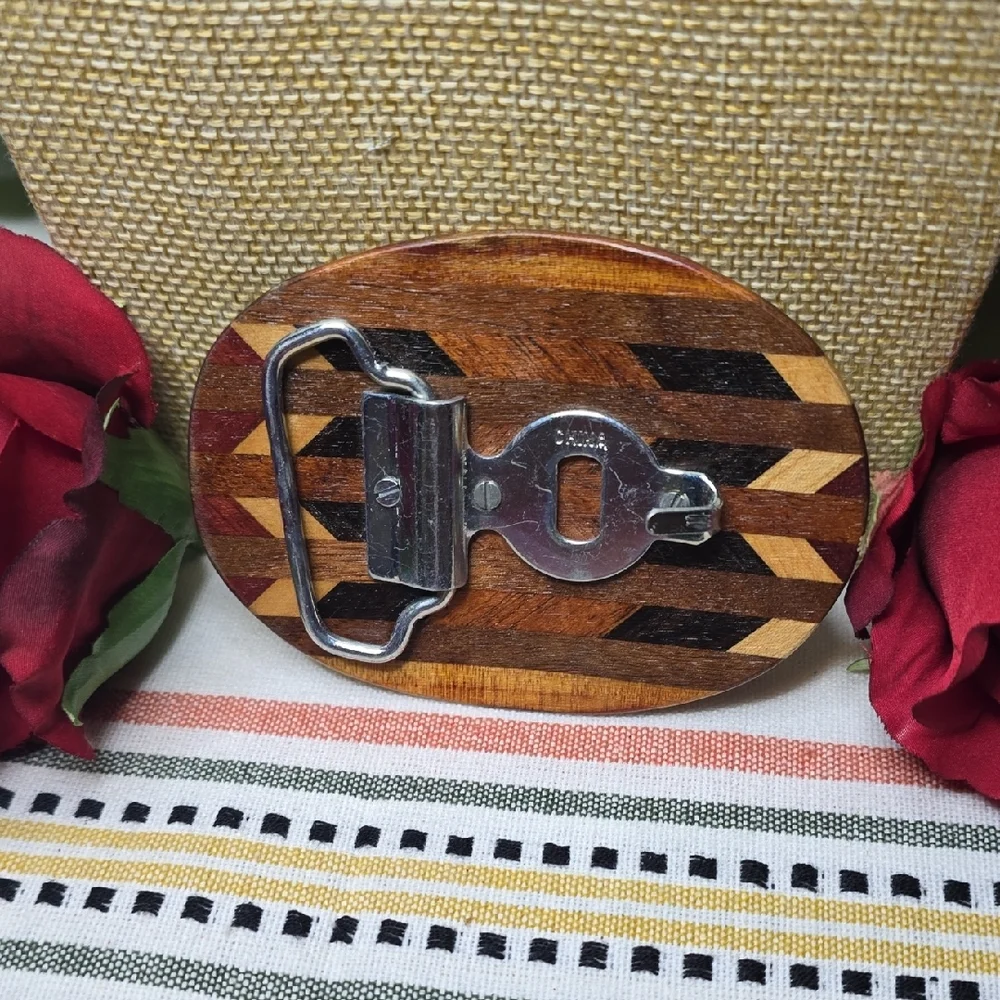 Vintage Handcrafted Wood Inlay Belt Buckle - Brown, Black, And Cream